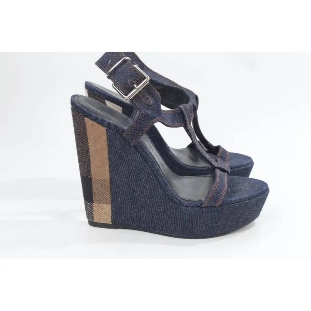 Burberry Navy Denim Buckle Ankle T-Strap Wedge Sandals Designer Shoes Size 38.5 - Picture 14 of 16